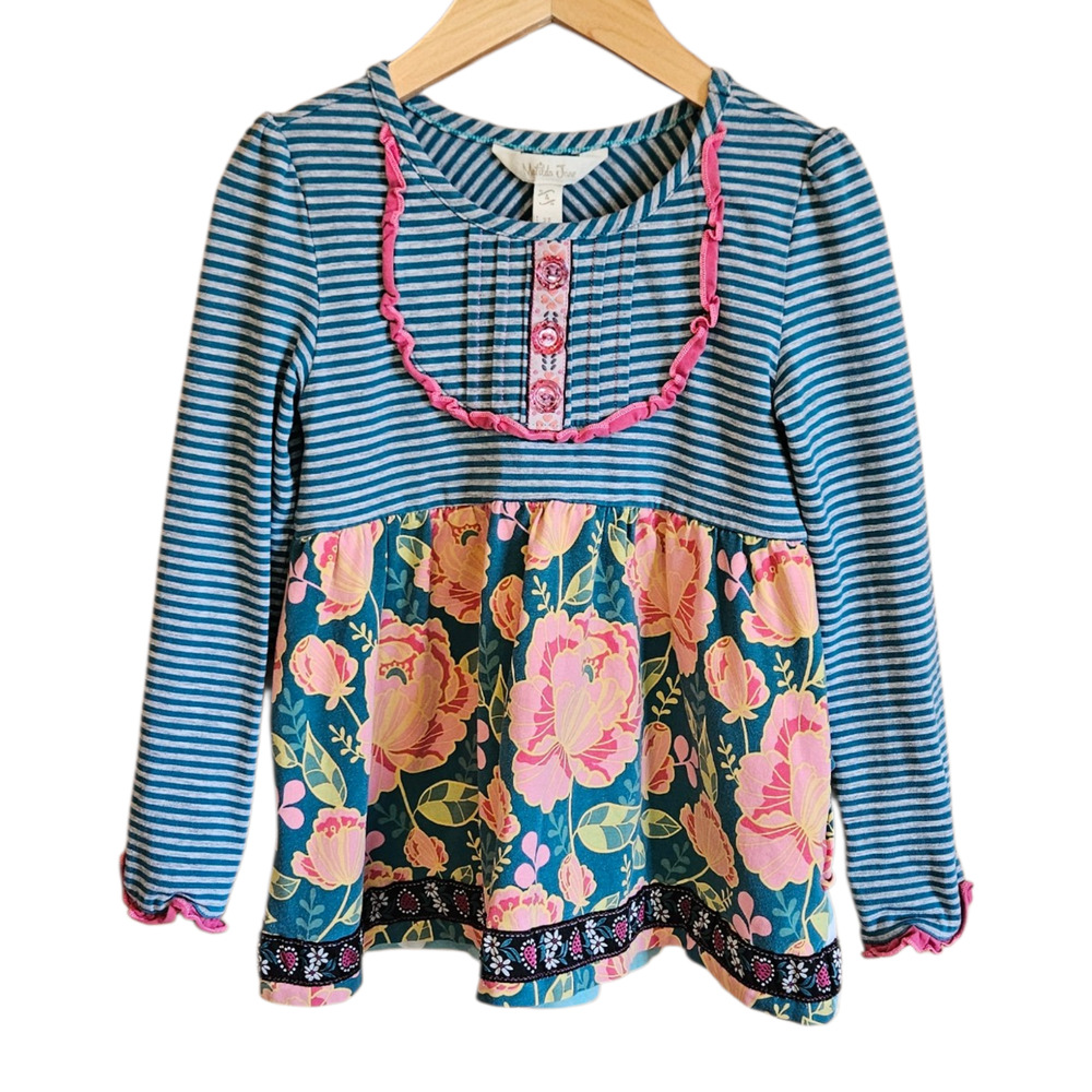Matilda Jane Girls 4 Teal Striped Floral Tiered Ruffle Tunic Top Peplum
